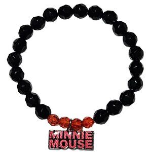 Disney Minnie Mouse Beaded Stretch Charm Bracelet Black Red Beads Jewelry Women